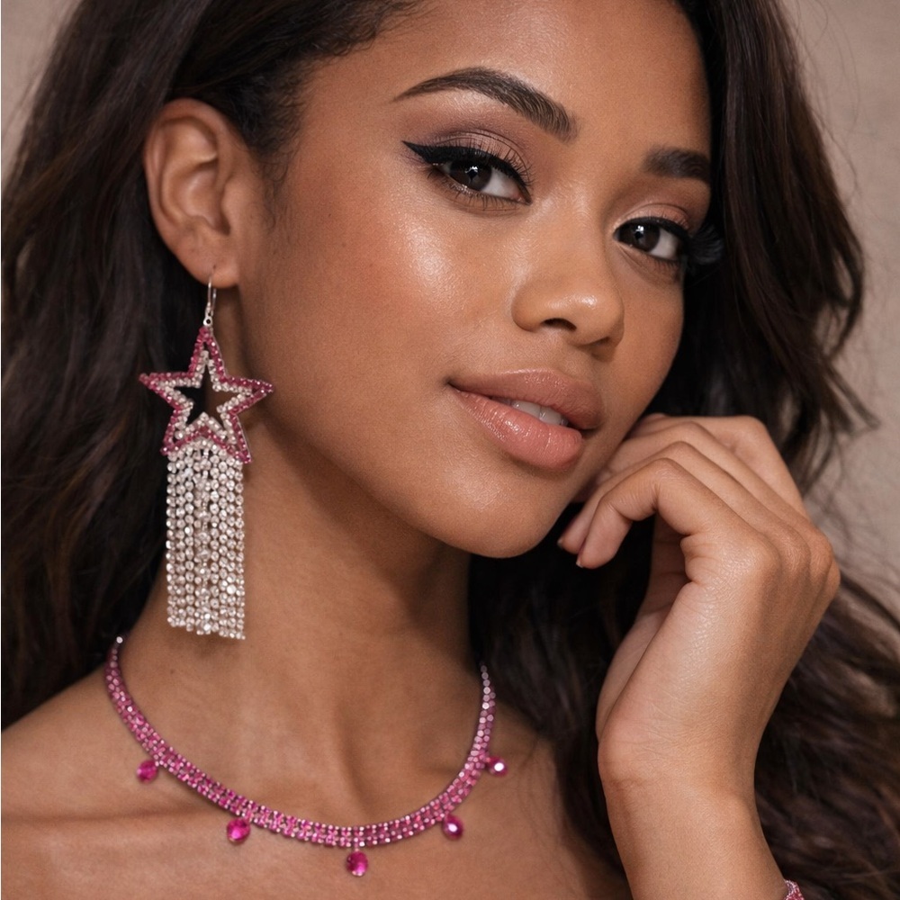 2pc earrings & necklace Pink Star Drop Earrings and Pink Crystal Necklace Set